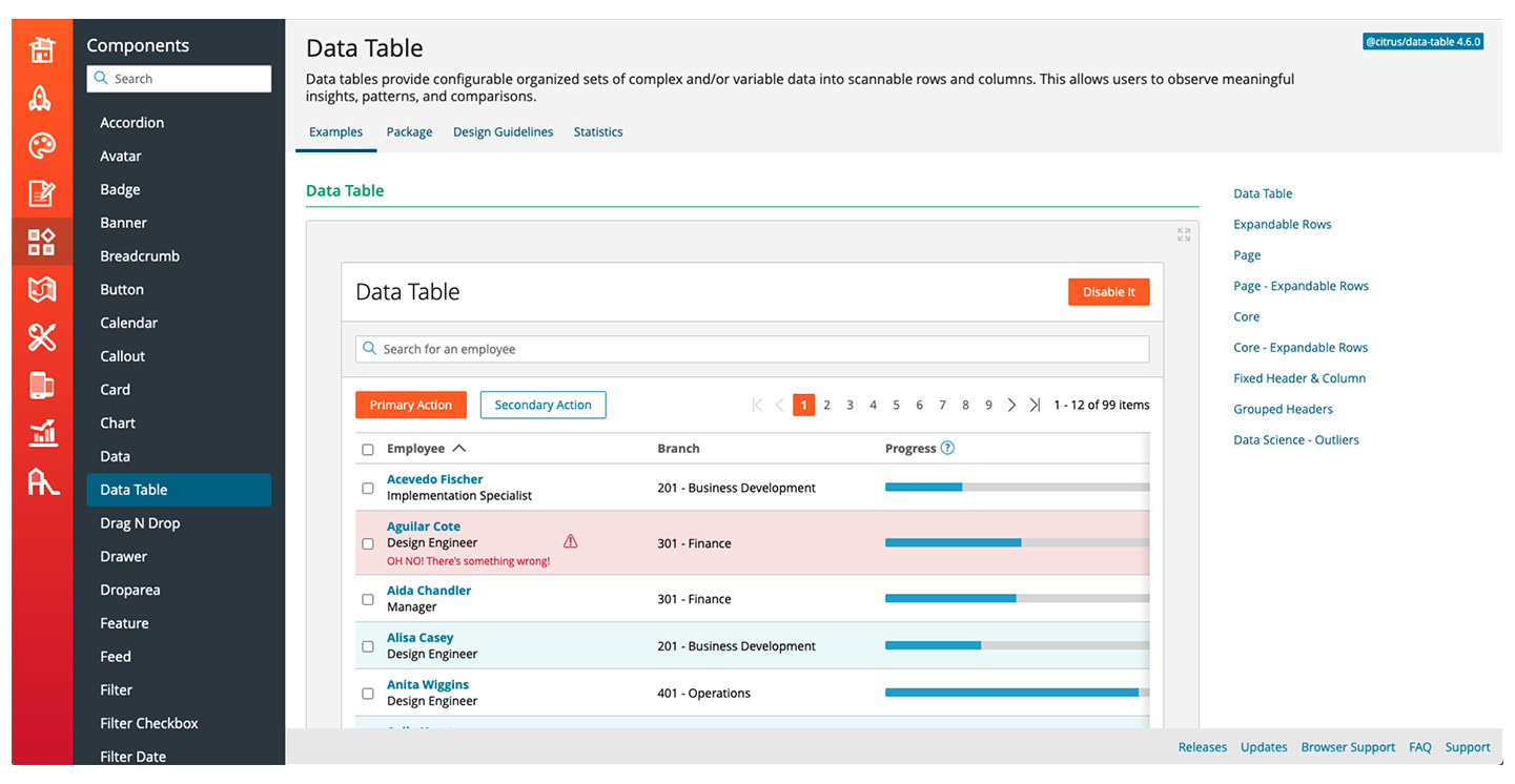 Paylocity Design System Components Datatable