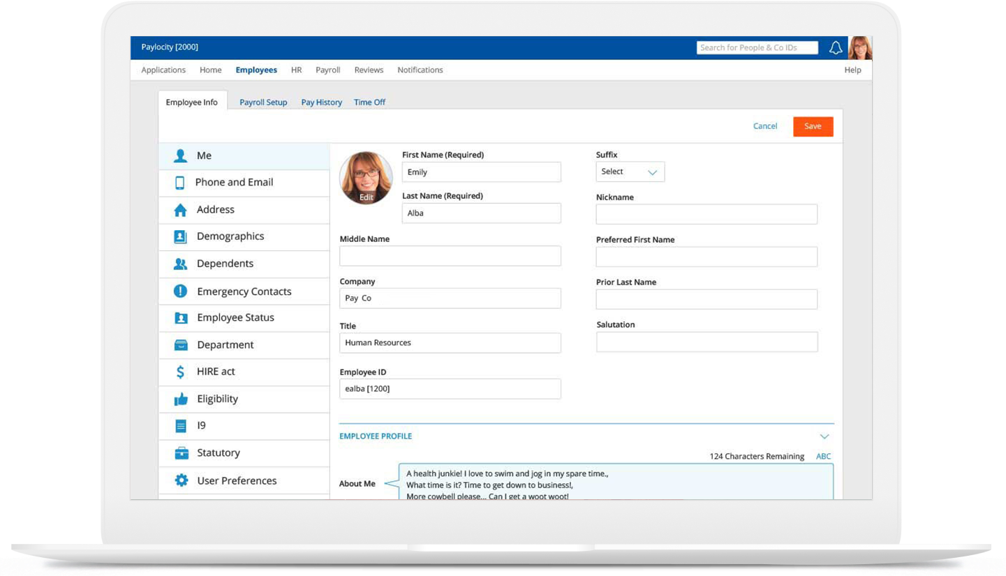 Paylocity Employee Information Page in Editable State Using Design System Components